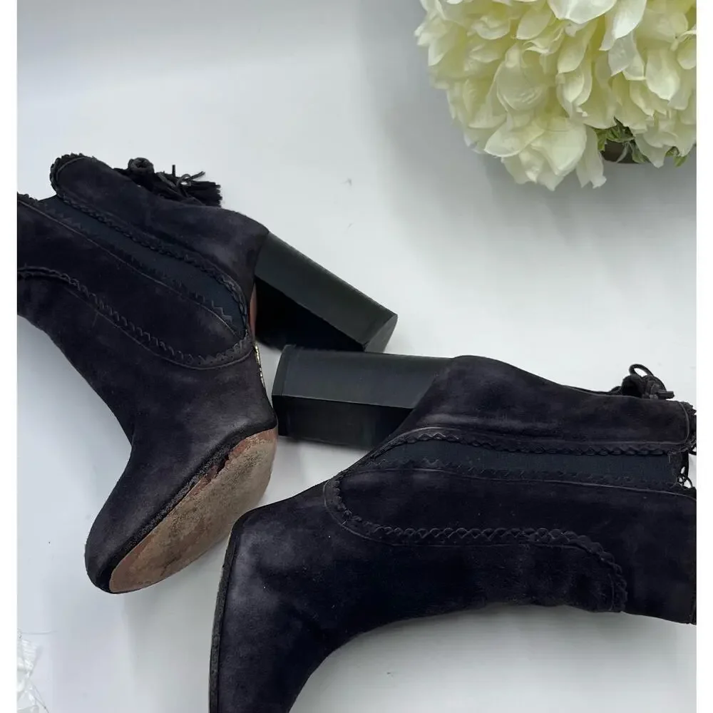 Aquazzura Firenze Black Gray Suede Tristan Fringe Ankle Bootie‎ Tassel 37.5,Sz 7